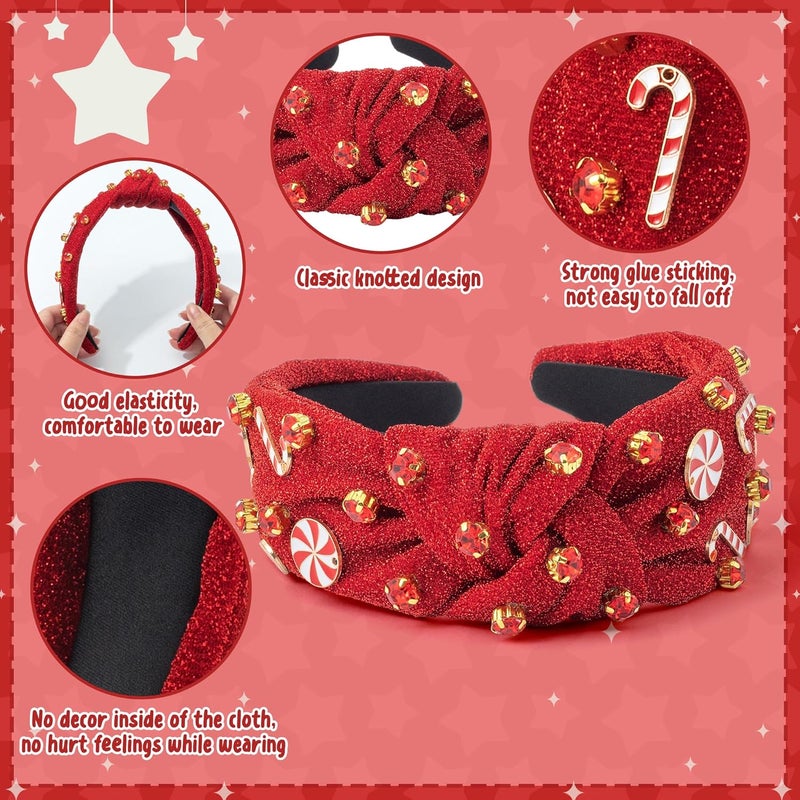 PANTIDE Christmas Jeweled Knotted Headband - Xmas Candy Cane Lollipop Rhinestone Crystal Embellished Headband Wide Top Knot Fashion Glitter Hairband Hair Accessories Birthday Gift for Women Girl (Red) - Image 3